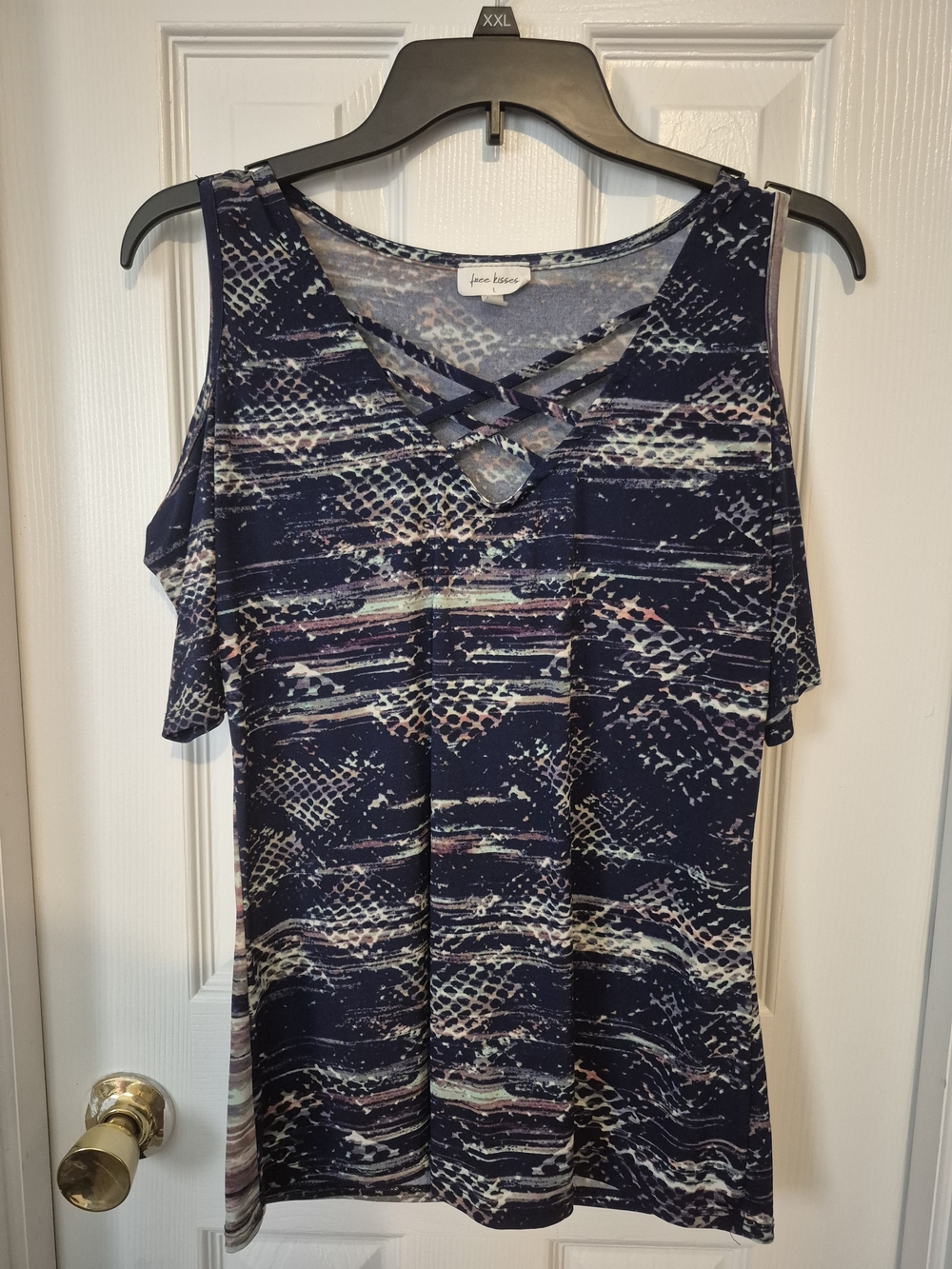 Free Kisses Navy Patterned Cold-Shoulder Top